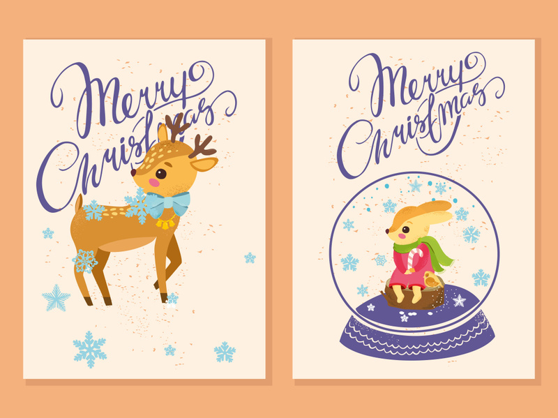 Merry Christmas little deer, fox vector poster and greeting card template