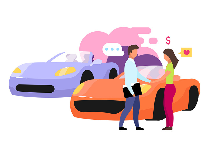 Choosing car in showroom flat vector illustration