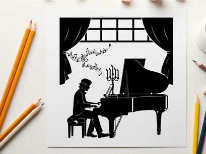 Silhouette of a man playing a grand piano