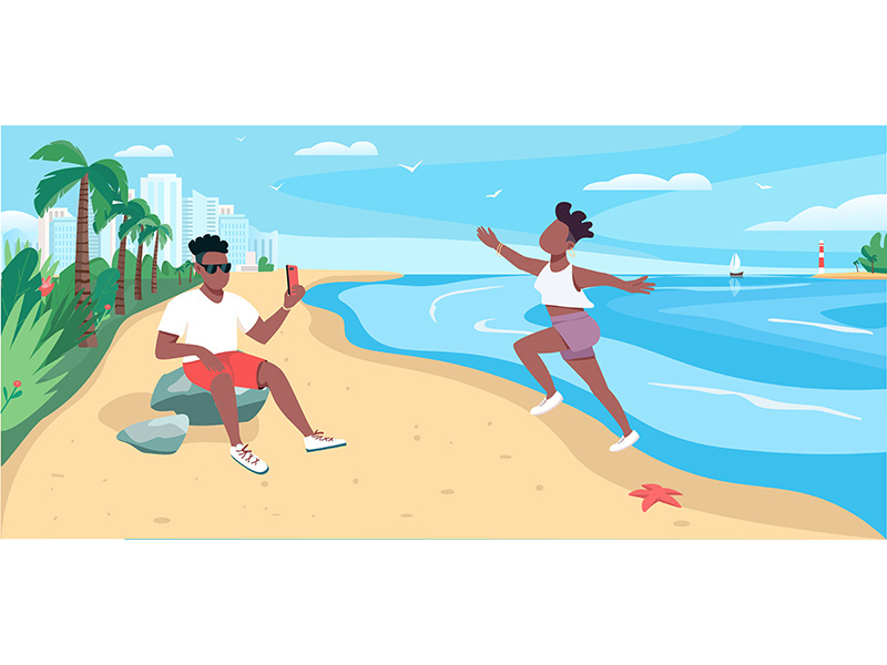 Friends taking photo at sandy beach flat color vector illustration
