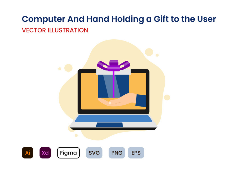 Computer and hand holding a gift to the user flat design concept.
