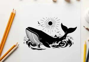Whale silhouette swimming under sunny ocean waves