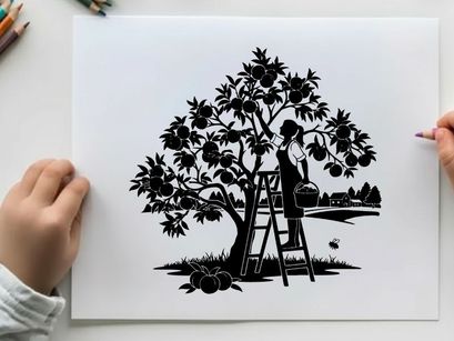 Silhouette of a person picking fruit from a tree on a ladder