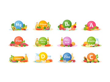 Products rich of vitamins, minerals for health cartoon vector illustrations set preview picture