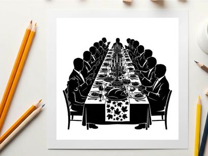 Silhouette of formal dinner party with guests seated around long table