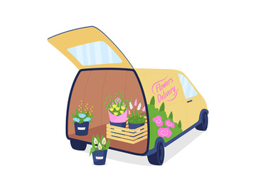 Flower delivery auto with opened trunk flat color vector object preview picture