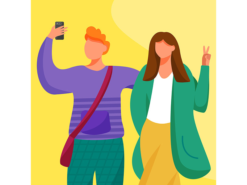 Boy and girl taking self photo flat vector illustration