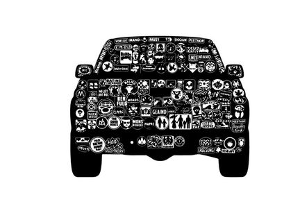 Silhouette of a car covered in numerous small stickers and decals silhouette
