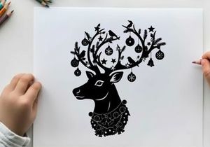 Christmas reindeer silhouette with ornaments and red nose
