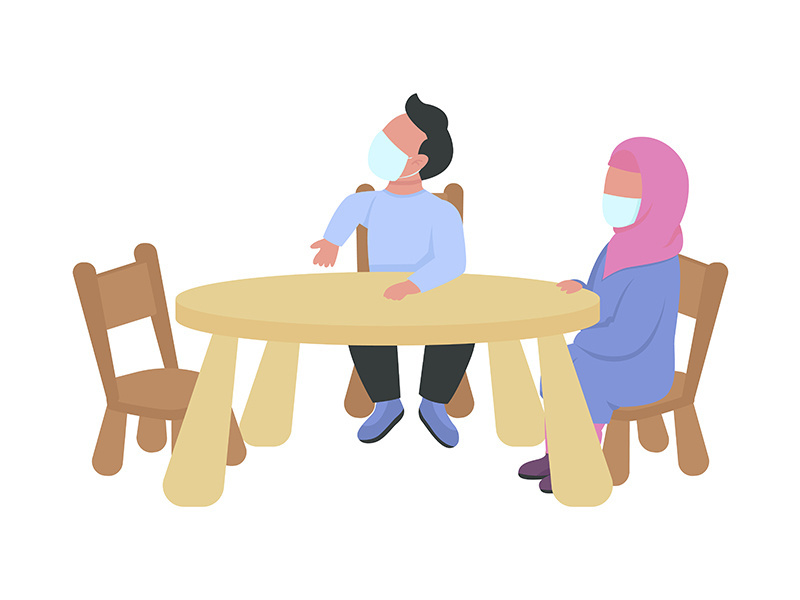 Preschoolers with masks sitting at table semi flat color vector characters