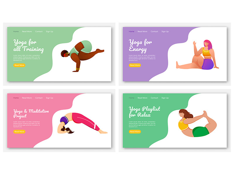 Yoga poses landing page vector template set