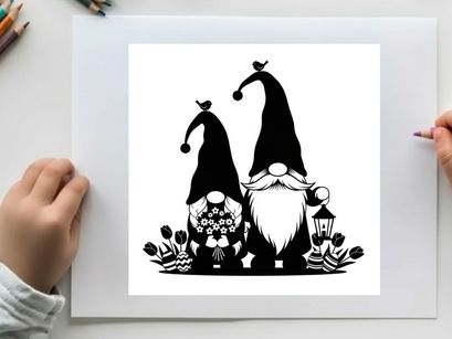 Two gnomes in silhouette with flowers and lantern