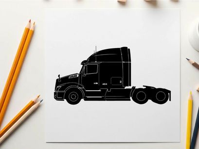Silhouette of a semi truck against a white background