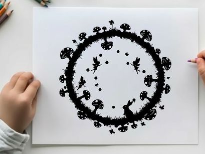 Black and white illustration of a circular floral pattern