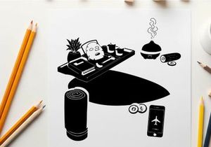 Silhouette of a man with travel items and laptop