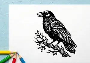 Detailed black and white illustration of a hawk perched on a branch