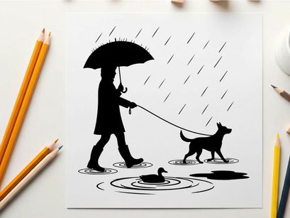 Silhouette of person walking dog on rainy day with umbrella