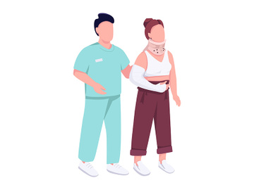 Hospital patient with broken hand and traumatologist flat color vector faceless character preview picture