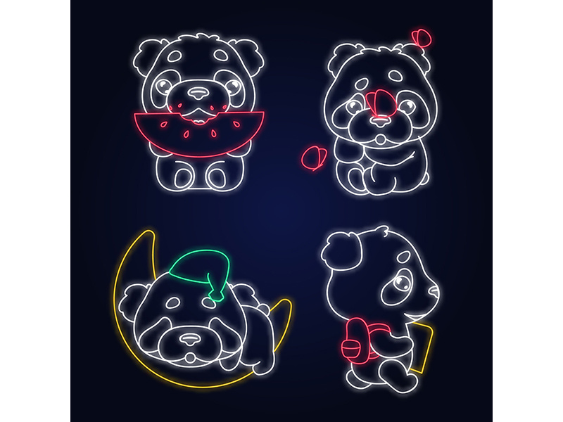 Cute panda kawaii neon light characters pack