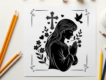 Silhouette of a praying woman with flowers and cross silhouette