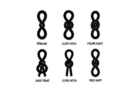 Silhouette of various knots and hitches in a grid pattern silhouette