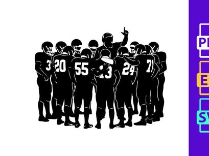 American football team huddle in black and white silhouette