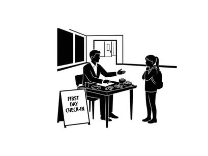 Businessman and young girl at a first day check in with silhouette
