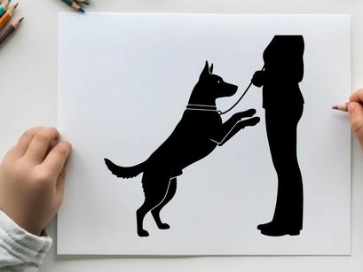 Silhouette of a dog on its hind legs interacting with a person