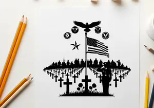 Memorial silhouette of soldier saluting american flag at cemetery