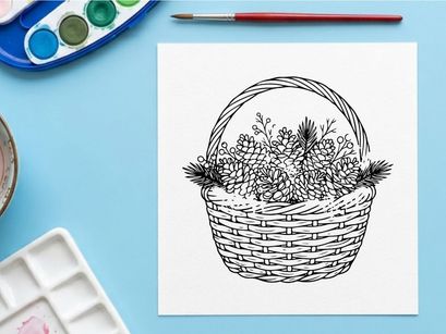 Hand drawn illustration of a wicker basket with pine branches