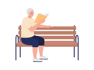 Male pensioner reading book and sitting on bench semi flat color vector character preview picture