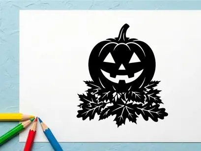Halloween Kürbis Jack-o'-lantern mit Blättern für Herbstdekoration