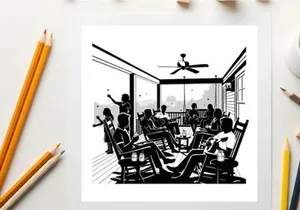 Silhouette of people sitting in rocking chairs on a porch