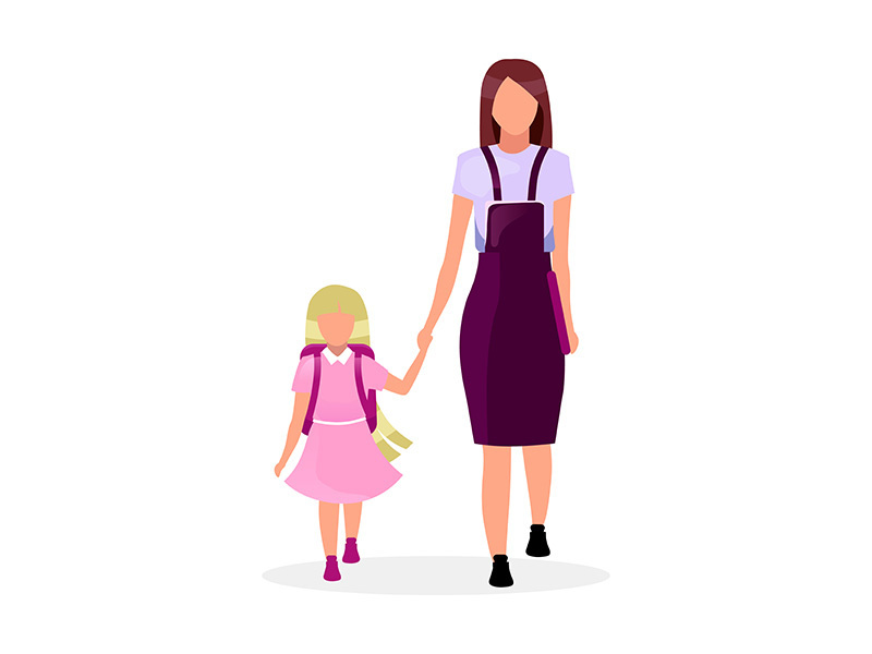 Mother with daughter going to school flat vector illustration