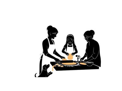 Silhouette of three people preparing food together in a kitchen setting