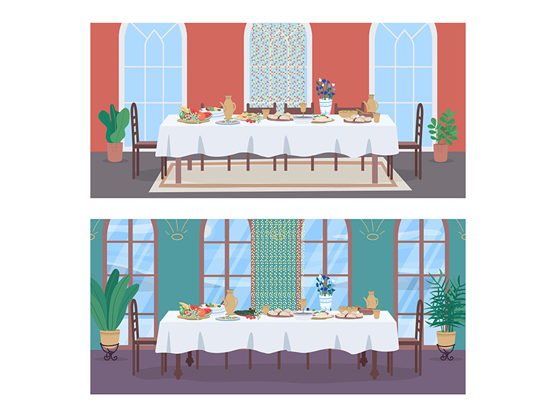 Traditional oriental banquet flat color vector illustration set