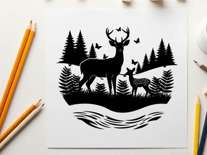 Deer and fawn silhouette in forest landscape