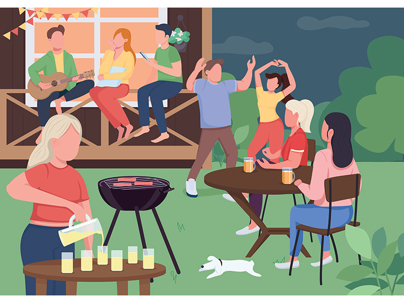 Outdoor party with friends flat color vector illustration