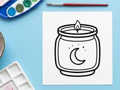 Hand drawn candle icon with moon. Cute doodle illustration of a burning wax candle.