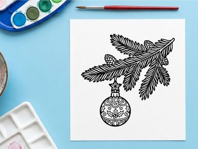 Hand-drawn Christmas ornament with pine branches and golden globe hanging for festive holiday decor