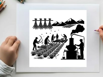 Silhouette of people working in a field with mountains and silhouette