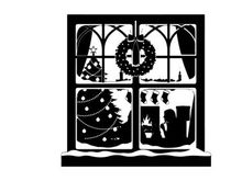 Christmas window silhouette with wreath and decorations