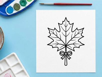 Stylized maple leaf illustration with bow. Elegant botanical design for branding and decor.