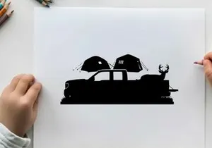 Silhouette of a pickup truck with tents and deer antlers