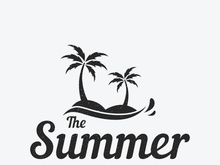 Summer vacation creative logo on the beach with symbols of waves, palm trees and surfboards in retro style.Emblem,label, poster,badge.
