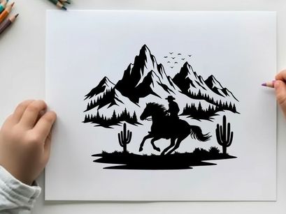 Cowboy riding horse silhouette in desert mountain landscape