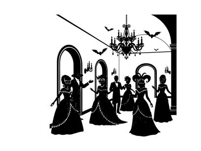 Elegant silhouette of people in a ballroom with chandelier and bats
