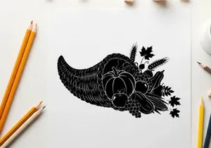 Silhouette of a cornucopia with fruits and leaves