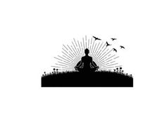 Serene silhouette of a person meditating in nature with birds flying by