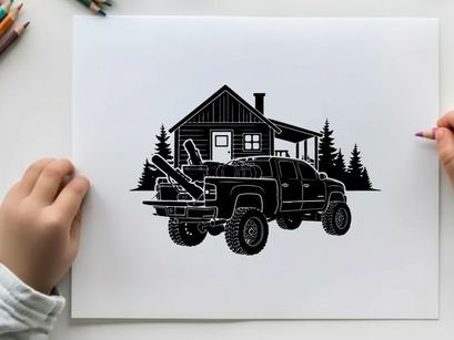 Silhouette of a pickup truck in front of a house with trees